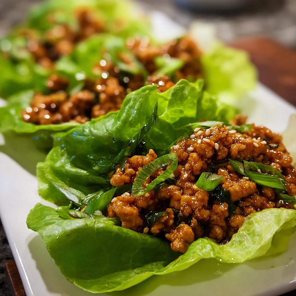 Close-up of fresh Turkey Lettuce Wraps filled with savory ground turkey mixture, garnished with green onions and sesame seeds.