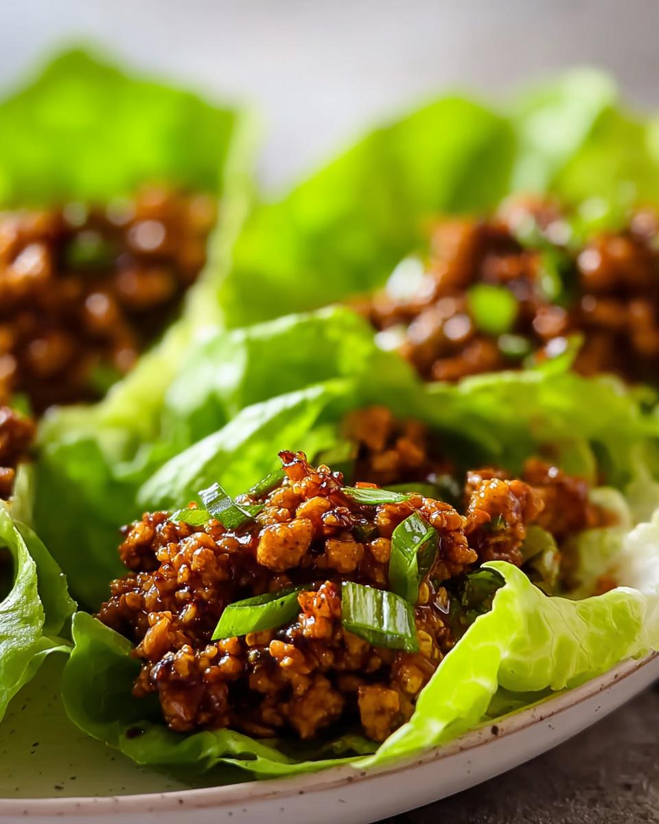 Close-up of Turkey Lettuce Wraps filled with savory ground turkey mixture and topped with sliced green onions.