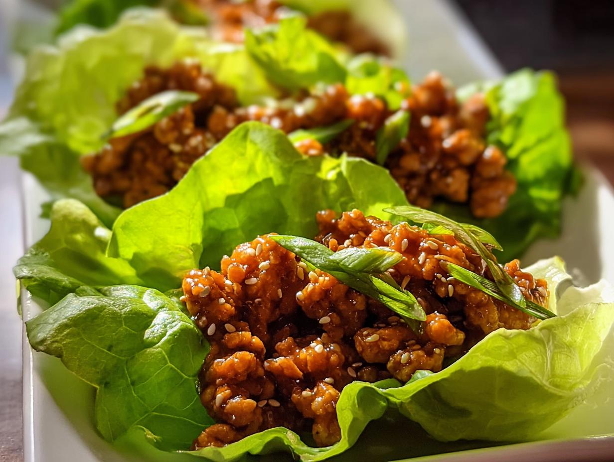 Close-up of fresh Turkey Lettuce Wraps filled with savory ground turkey coated in ginger garlic sauce, topped with sesame seeds.