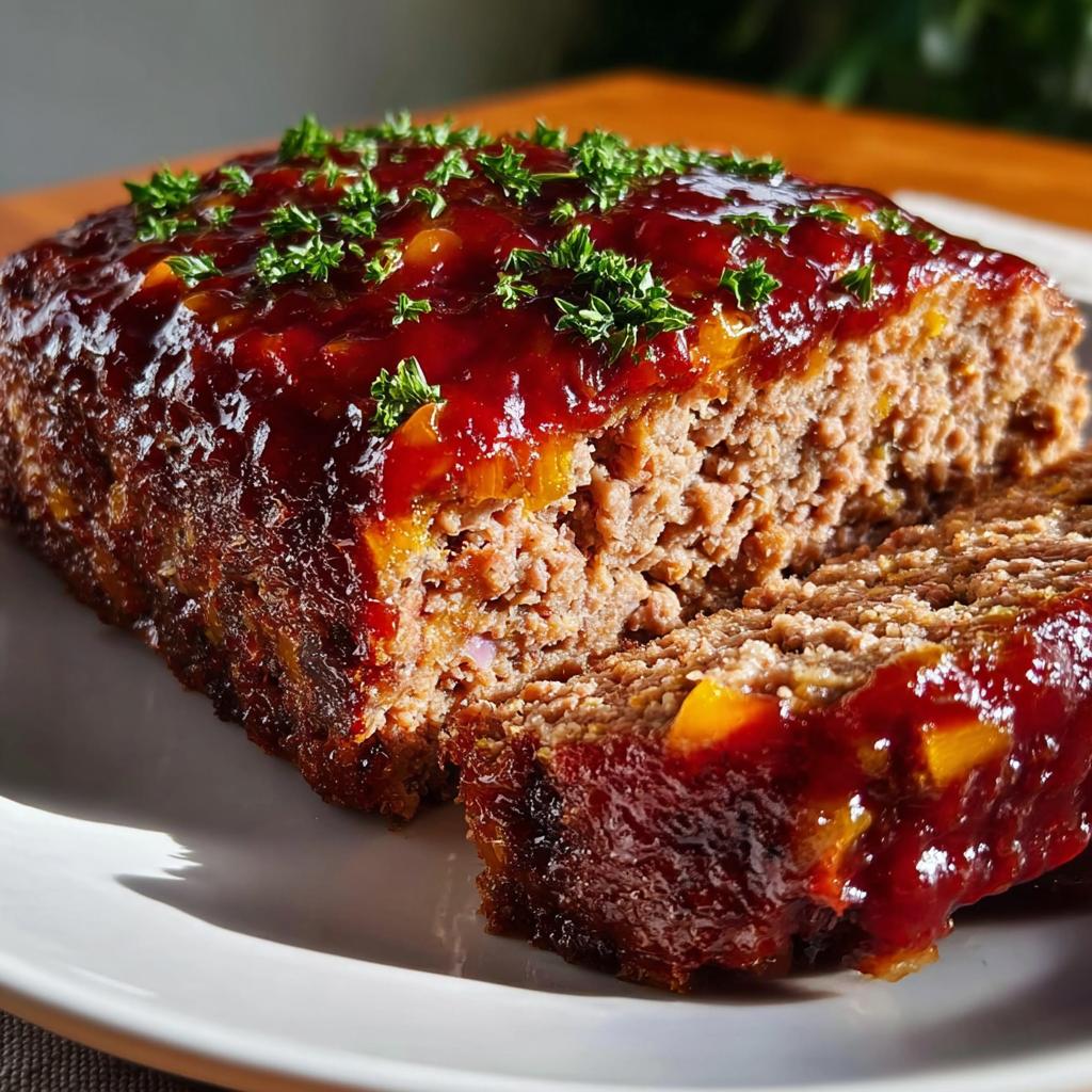 A moist slice of Turkey Meatloaf with Savory Glaze topped with a rich, glossy sauce and fresh parsley.
