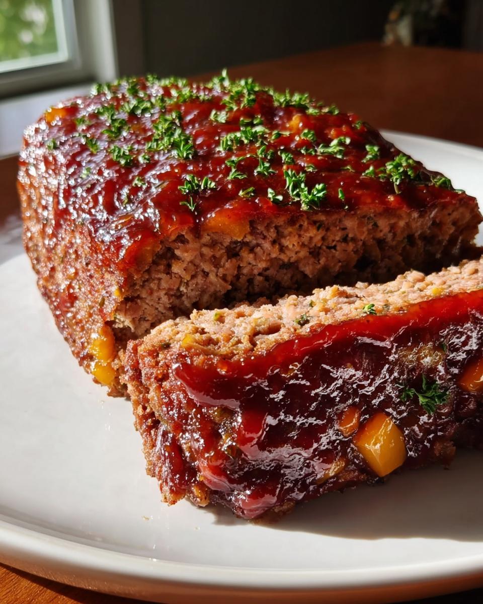 A moist slice cut from a Turkey Meatloaf with Savory Glaze, topped with rich glaze and parsley.
