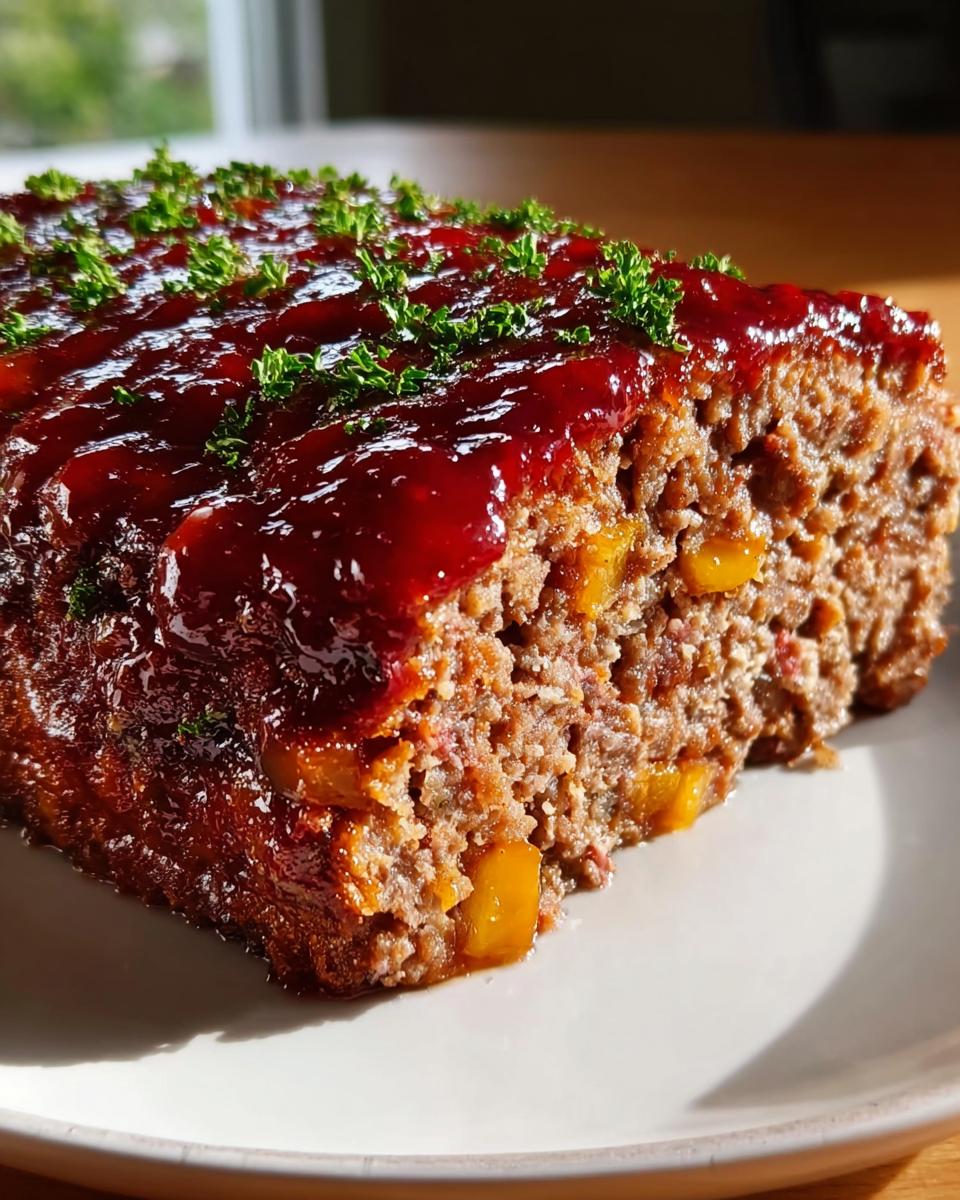 Close-up of a slice of Turkey Meatloaf with Savory Glaze showing the moist texture and shiny red topping.