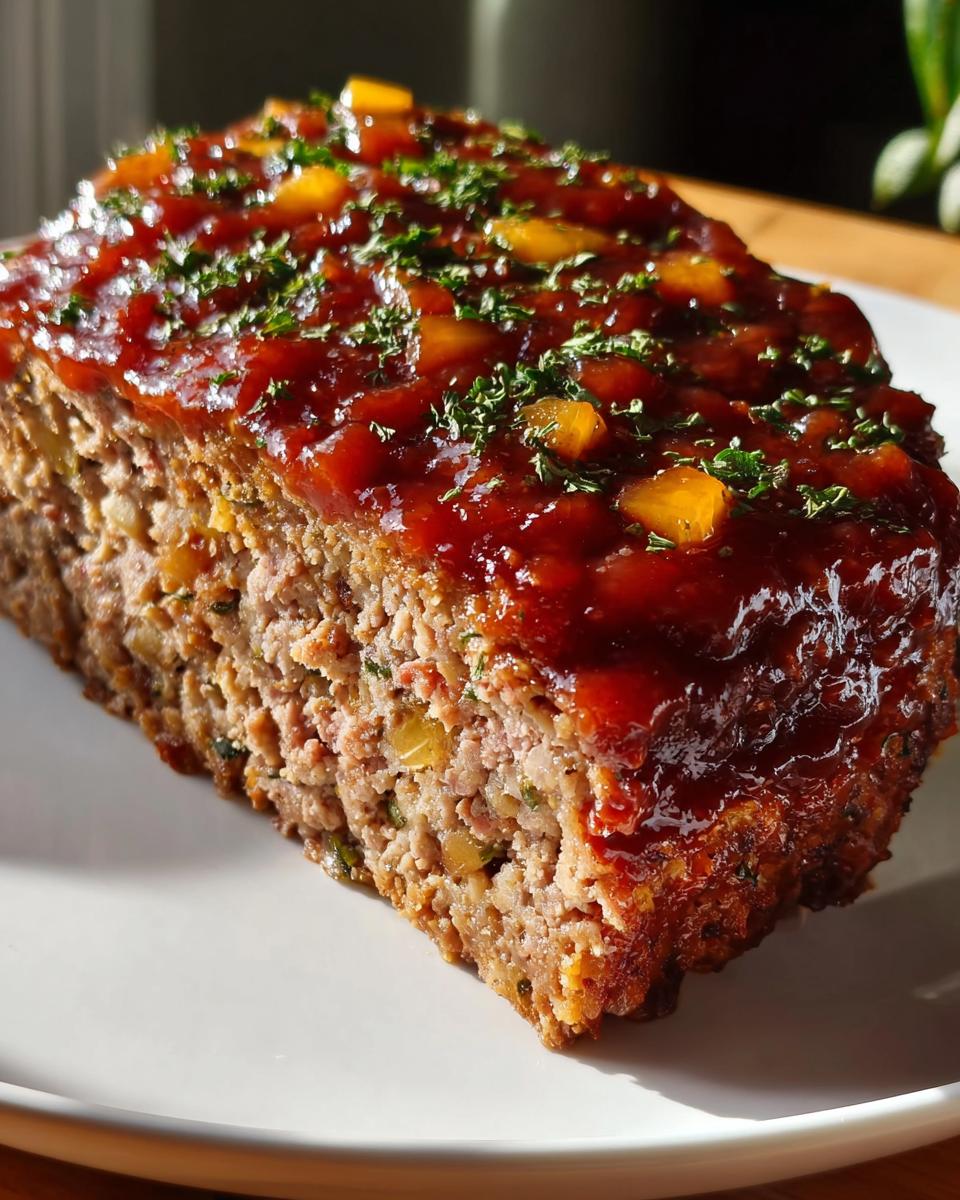 A thick slice of Turkey Meatloaf with Savory Glaze, topped with a rich sauce and fresh parsley.