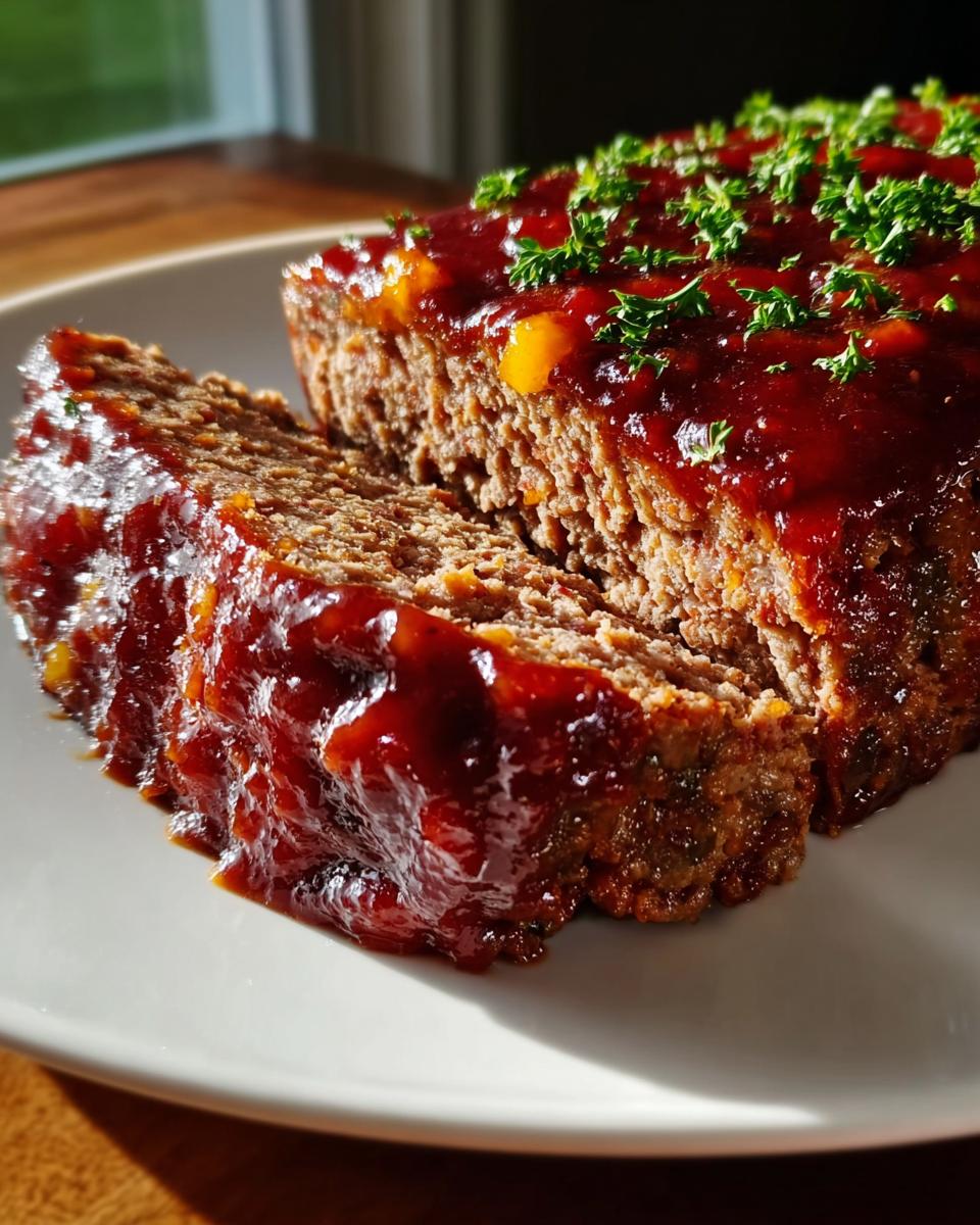 A close-up of sliced Turkey Meatloaf with Savory Glaze, topped with a thick, glossy glaze and fresh parsley.