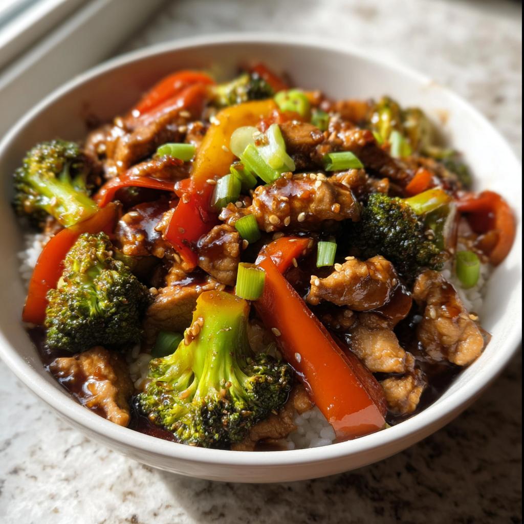 A close-up of Turkey Stir Fry with Sweet and Savory Sauce served over white rice, topped with broccoli and peppers.