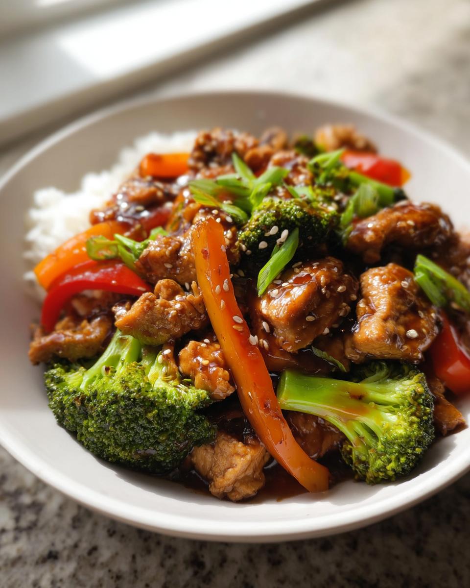 Close-up of Turkey Stir Fry with sweet and savory sauce served over white rice, topped with sesame seeds.