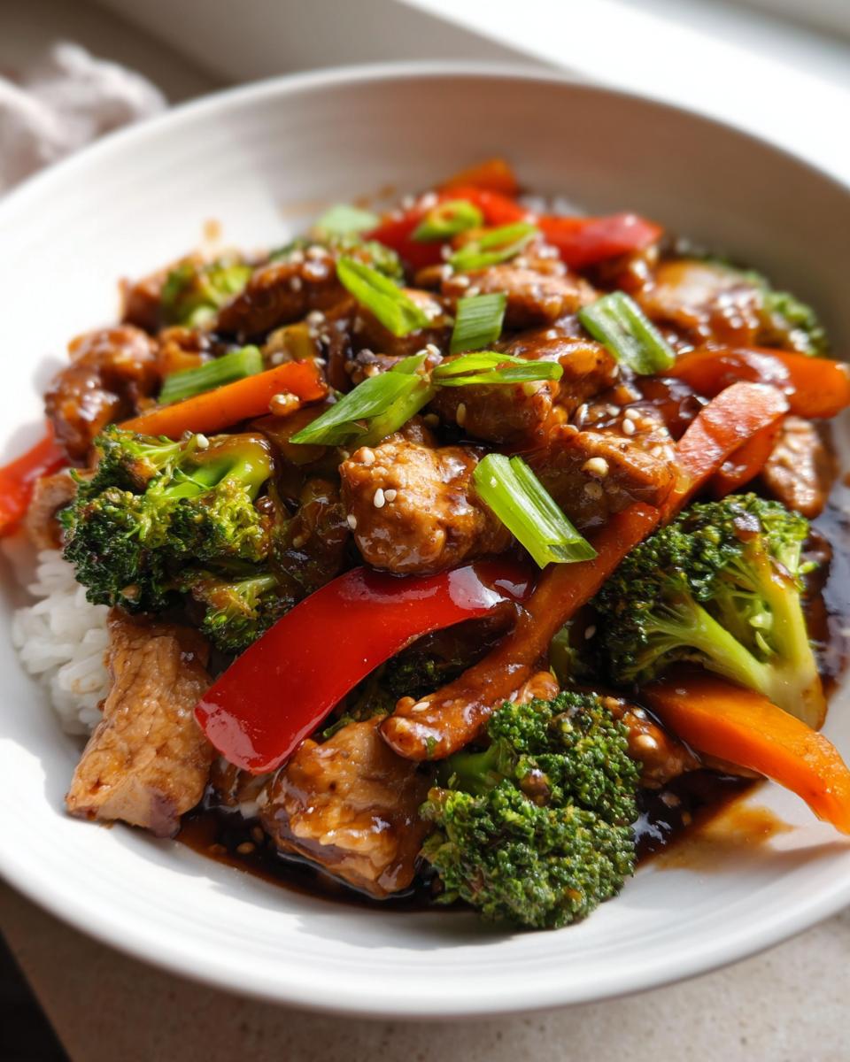 Close-up of a bowl of Turkey Stir Fry with Sweet and Savory Sauce served over white rice, garnished with sesame seeds.