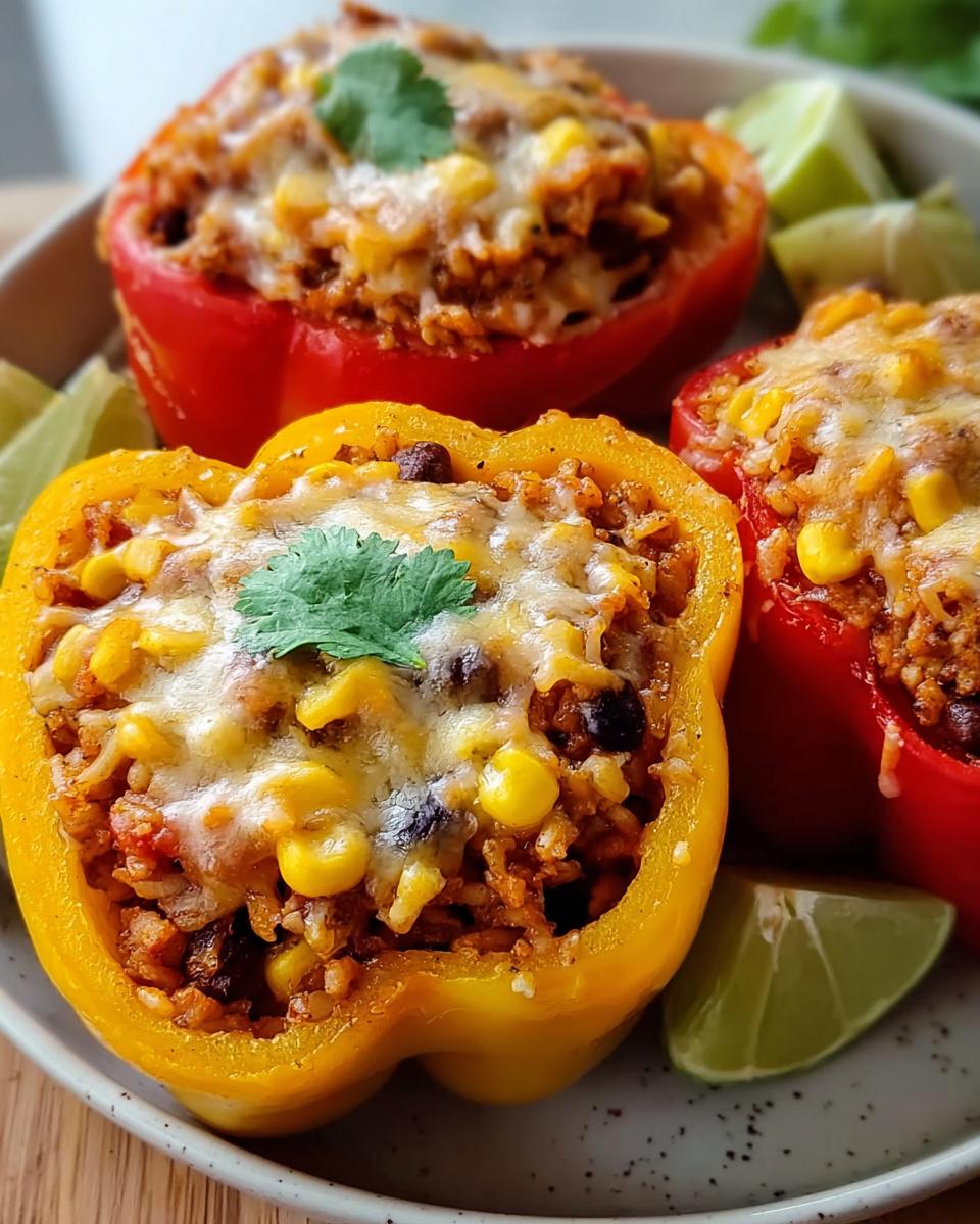 Close-up of bright yellow and red Turkey Stuffed Peppers with Cheesy Top, filled with rice, corn, and beans.