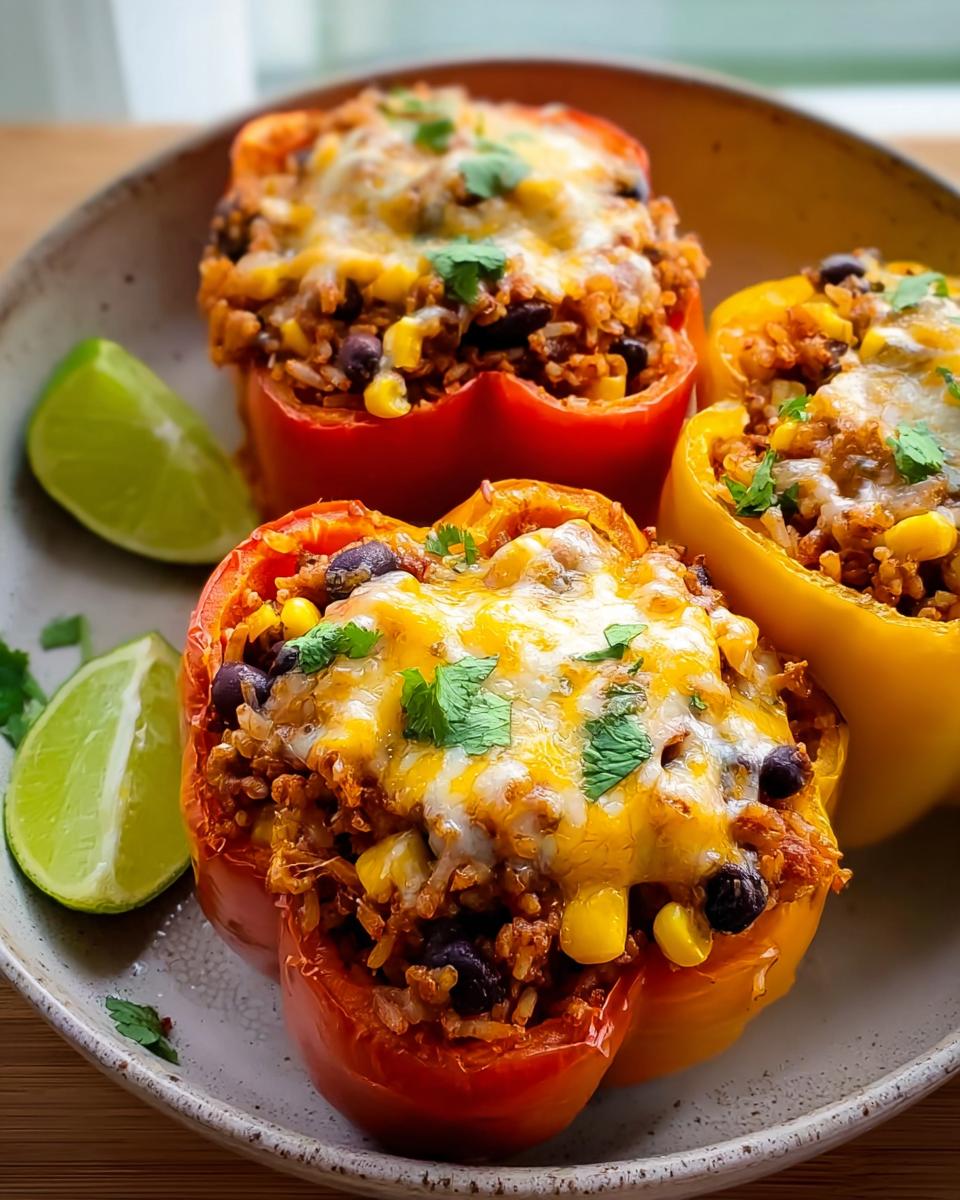 Three colorful Turkey Stuffed Peppers with Cheesy Top, filled with rice, beans, and corn, served with lime wedges.