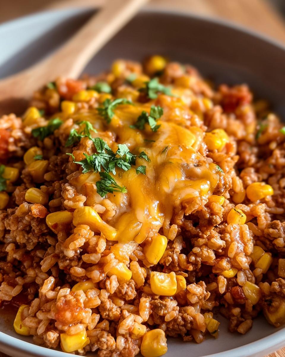 Close-up of a bowl containing Turkey Taco Meat with Bold Seasoning mixed with rice, corn, topped with melted cheese and cilantro.