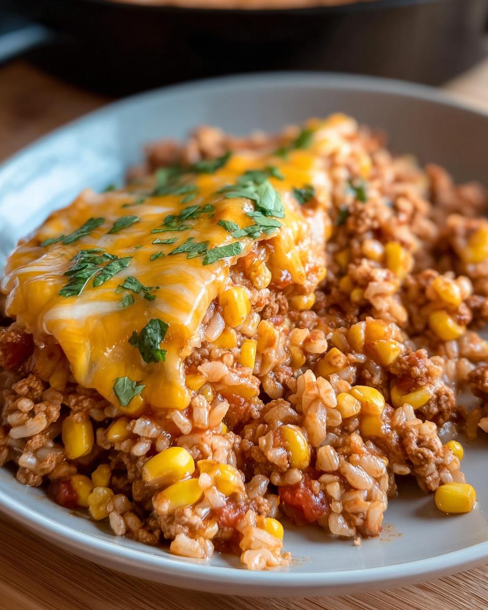 A bowl of rice mixed with seasoned Turkey Taco Meat and corn, topped with melted cheese and cilantro.