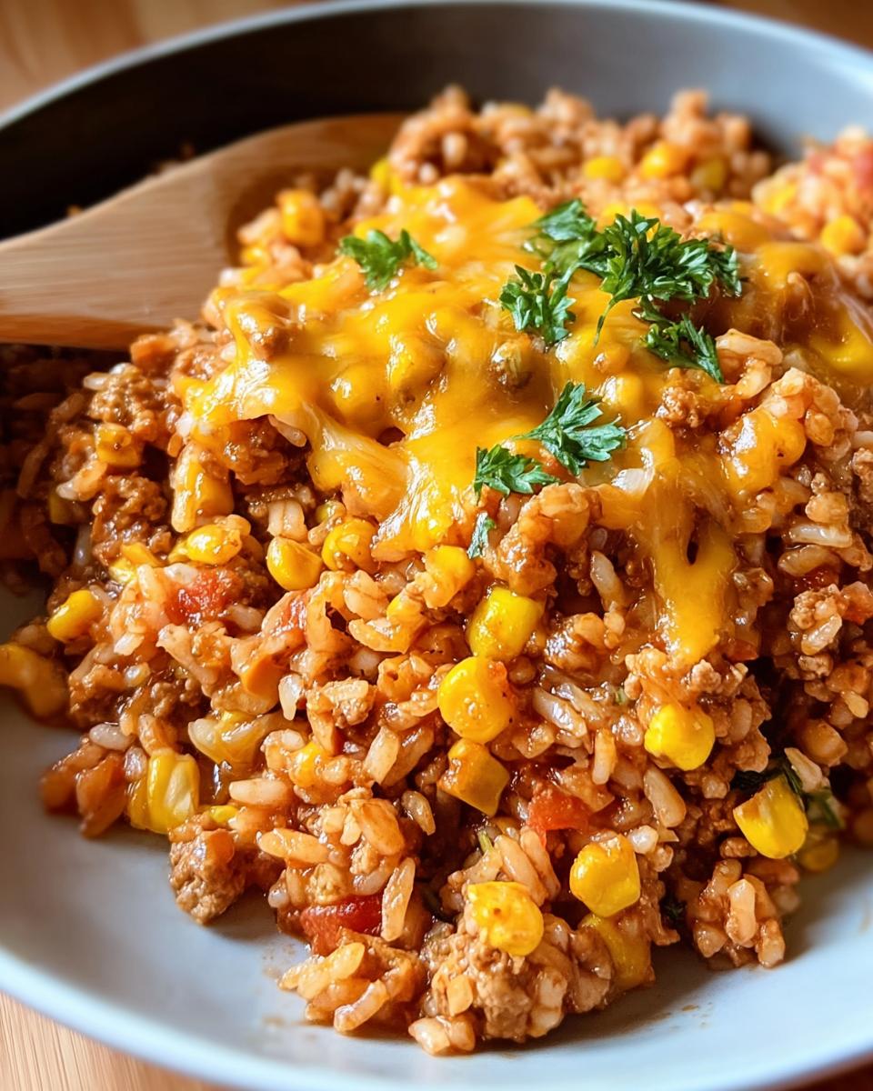 A close-up of a bowl featuring Turkey Taco Meat with Bold Seasoning mixed with rice, corn, and topped with melted cheddar cheese and parsley.