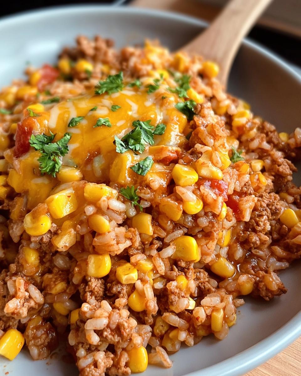 Close-up of a bowl filled with Turkey Taco Meat with Bold Seasoning mixed with rice, corn, and topped with melted cheddar cheese and parsley.