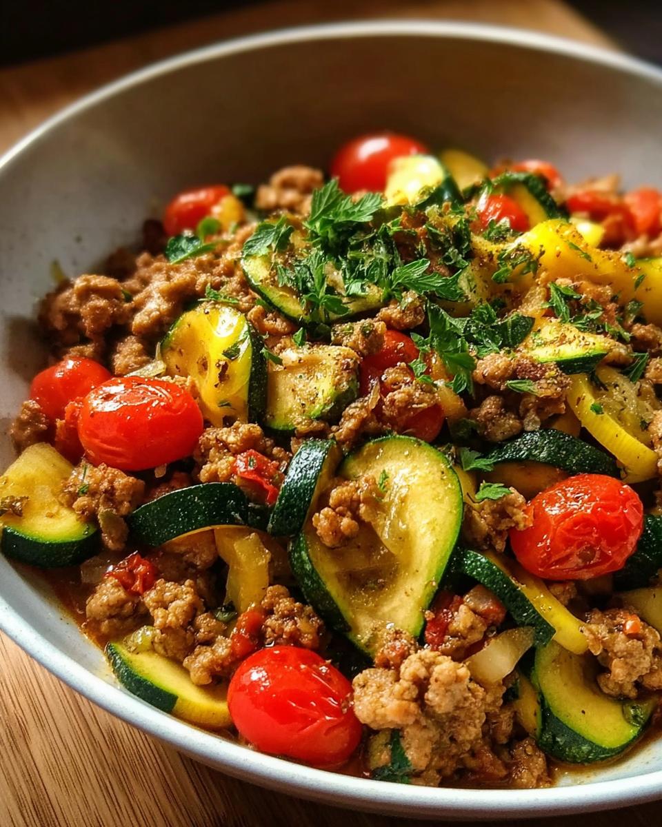 Close-up of Turkey and Veggie Skillet for Weeknights with zucchini, cherry tomatoes, and ground turkey.