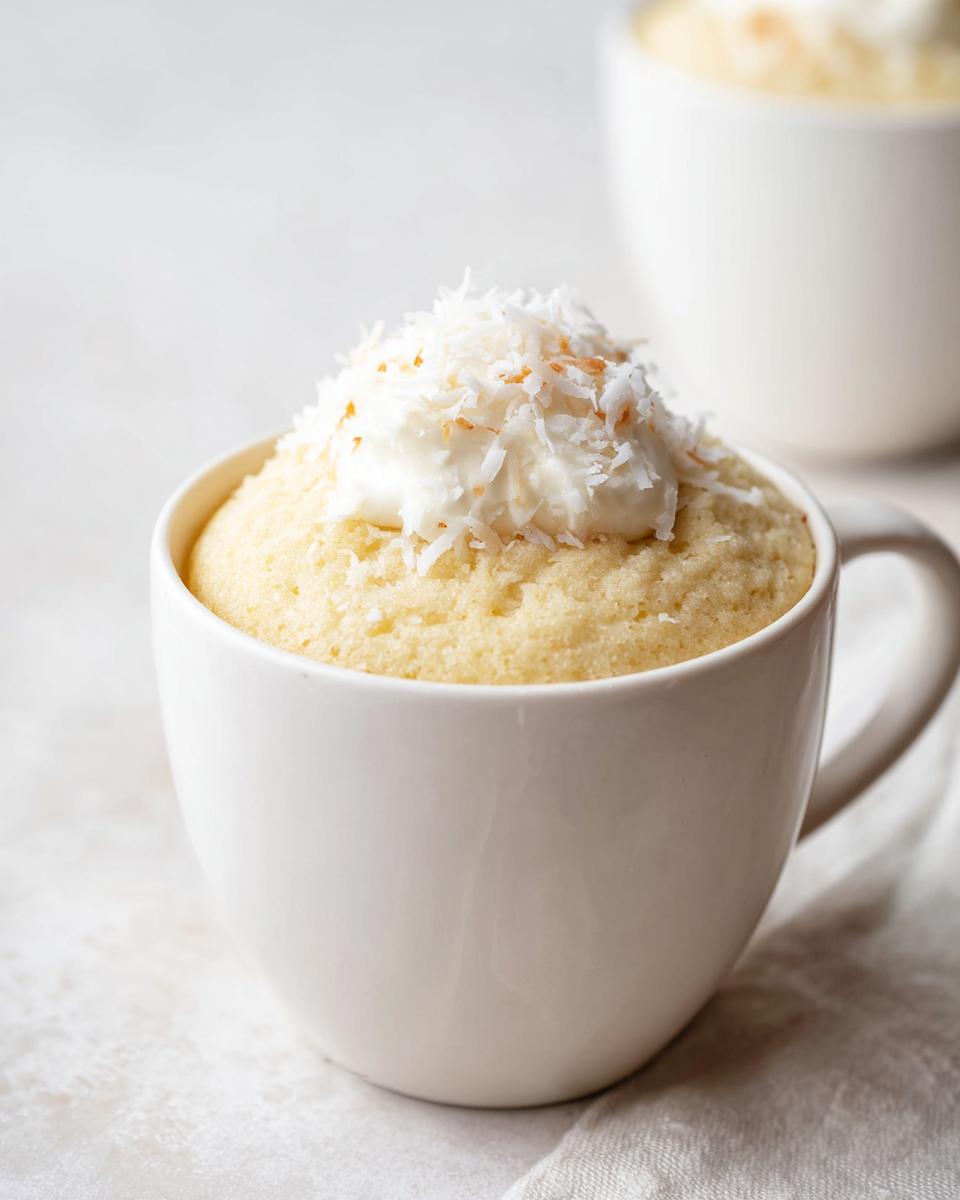 Close-up of a Vanilla Coconut Cottage Cheese Mug Cake topped with cream and toasted coconut flakes.