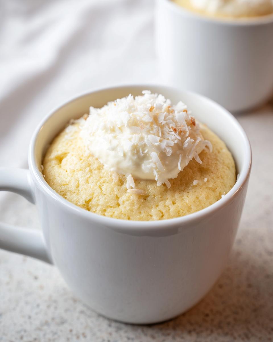 Close-up of a Vanilla Coconut Cottage Cheese Mug Cake topped with cream and toasted coconut flakes.
