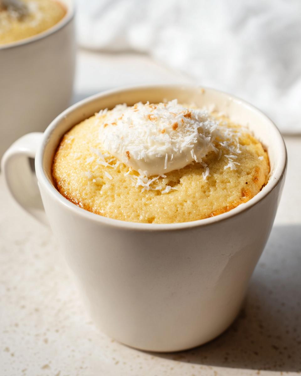 Close-up of a Vanilla Coconut Cottage Cheese Mug Cake topped with cream and shredded coconut.