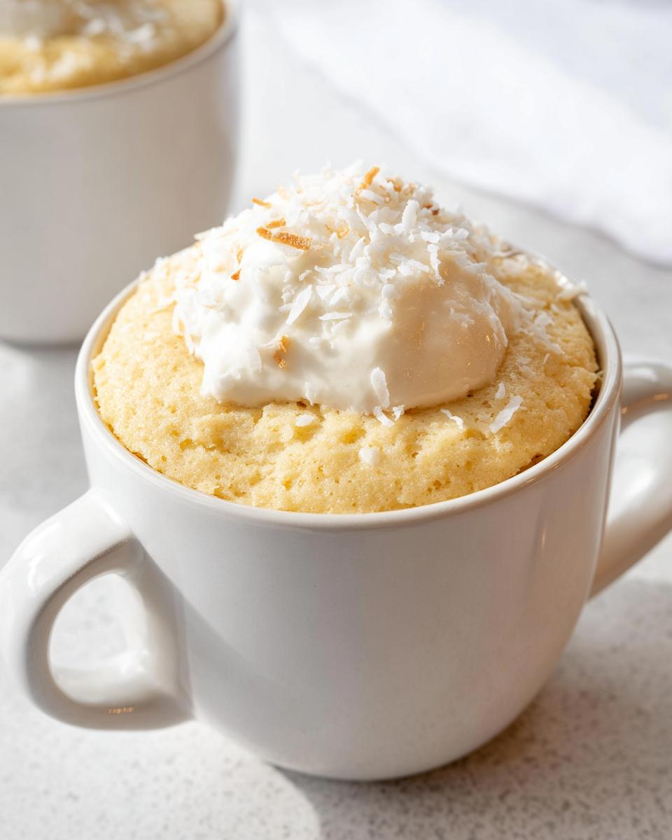 Close-up of a fluffy Vanilla Coconut Cottage Cheese Mug Cake topped with cream and toasted coconut flakes.