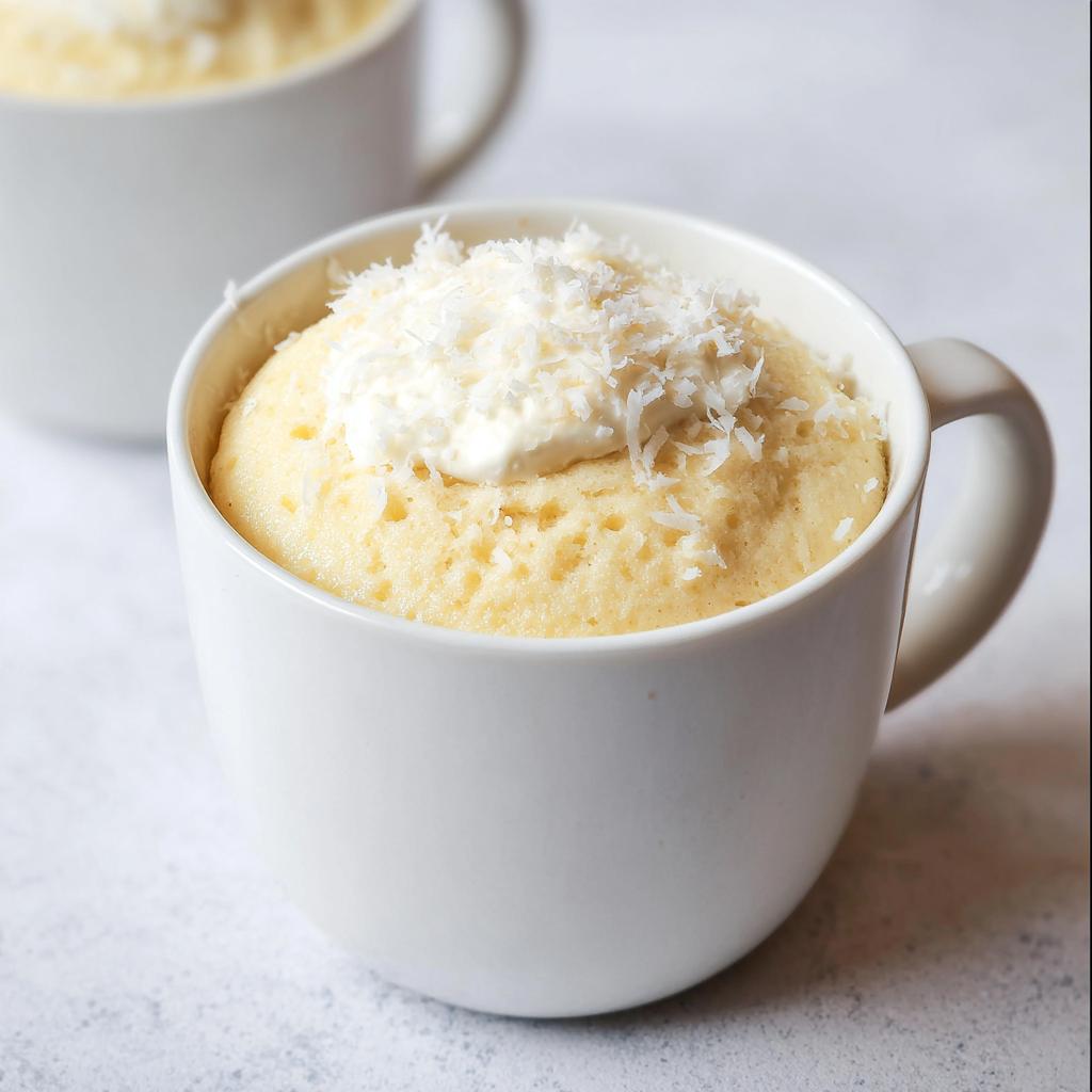 A close-up of a fluffy Vanilla Coconut Cottage Cheese Mug Cake topped with cream and shredded coconut.