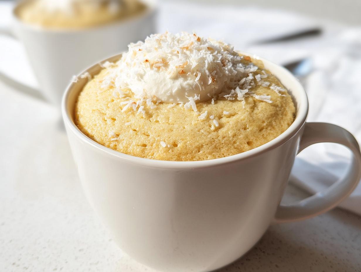 Close-up of a fluffy Vanilla Coconut Cottage Cheese Mug Cake topped with cream and toasted coconut.