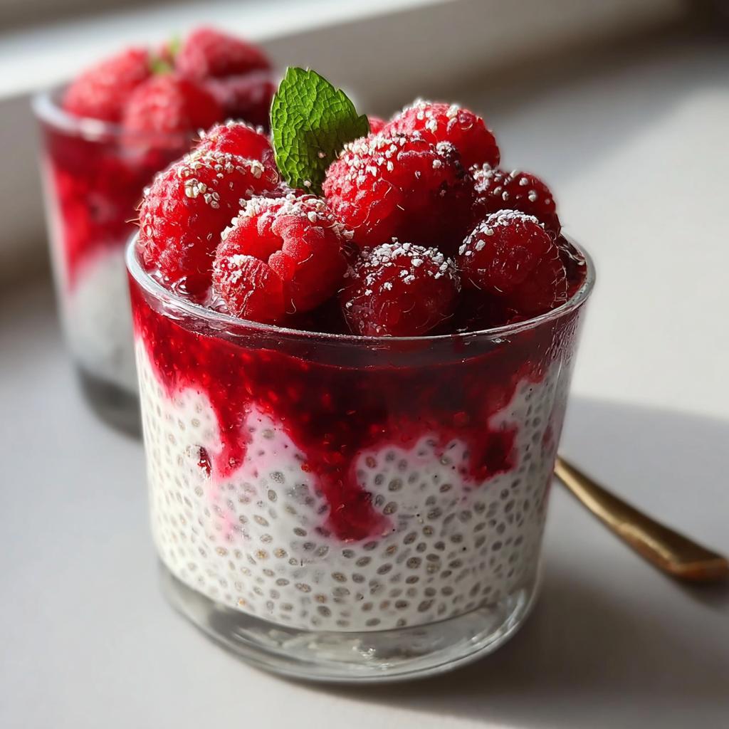 Close-up of Vanilla Raspberry Chia Pudding topped with fresh raspberries and a mint leaf.
