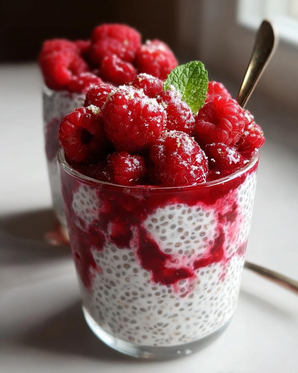 Close-up of Vanilla Raspberry Chia Pudding layered in a glass, topped with fresh raspberries and a mint leaf.