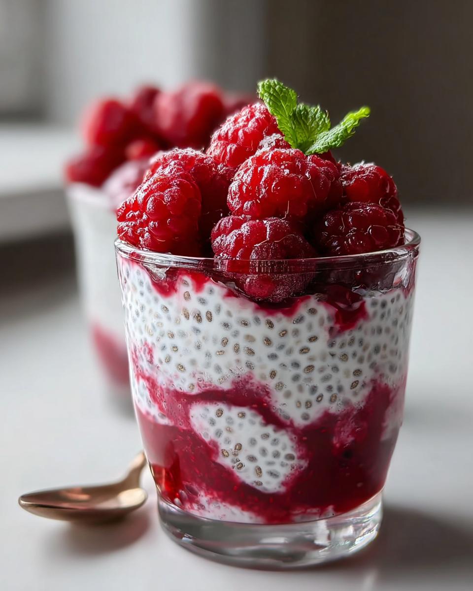 A glass of Vanilla Raspberry Chia Pudding layered with raspberry puree and topped with fresh raspberries and mint.