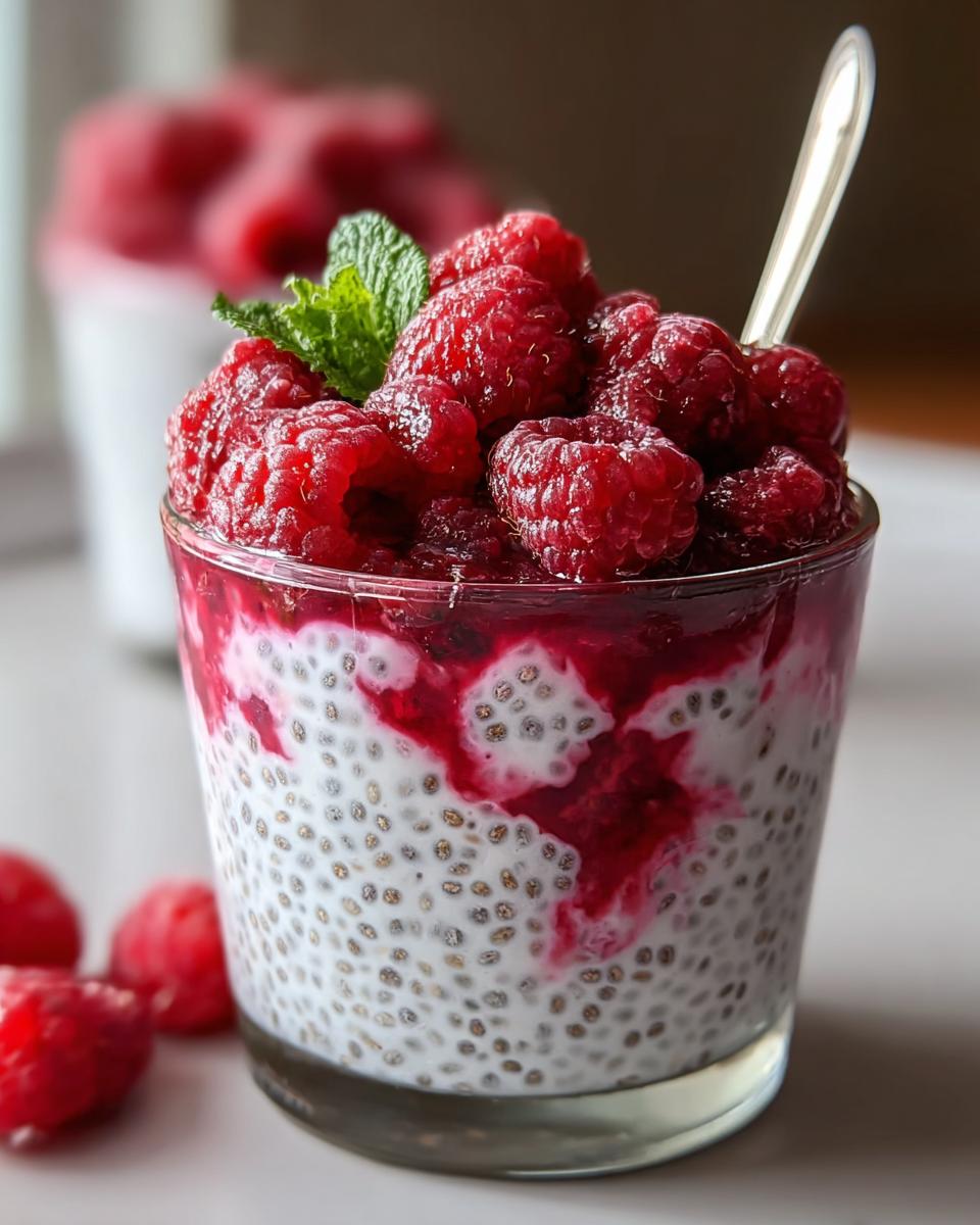 Close-up of Vanilla Raspberry Chia Pudding layered in a glass, topped with fresh raspberries and mint.