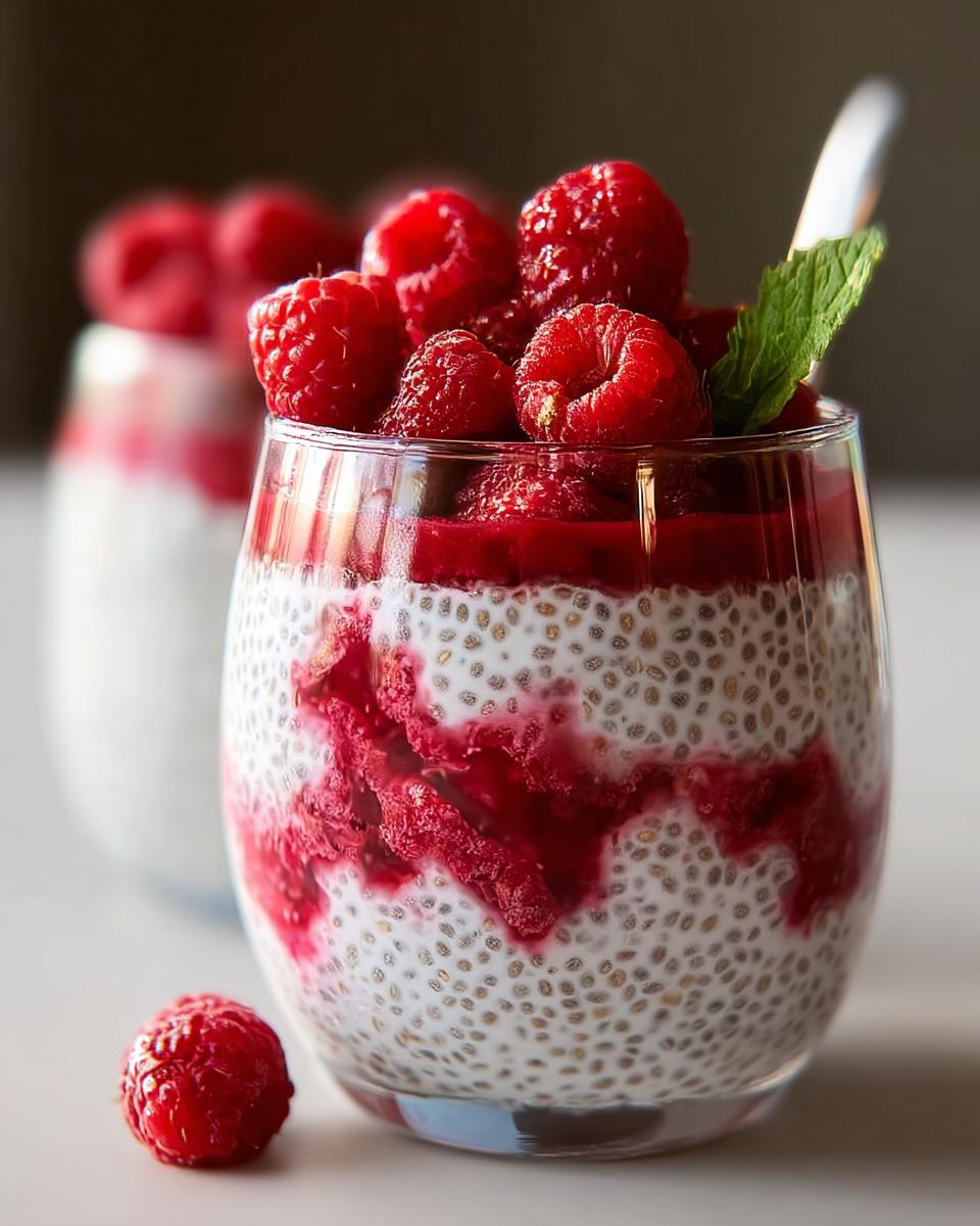Close-up of Vanilla Raspberry Chia Pudding layered with fresh raspberries and a mint garnish.