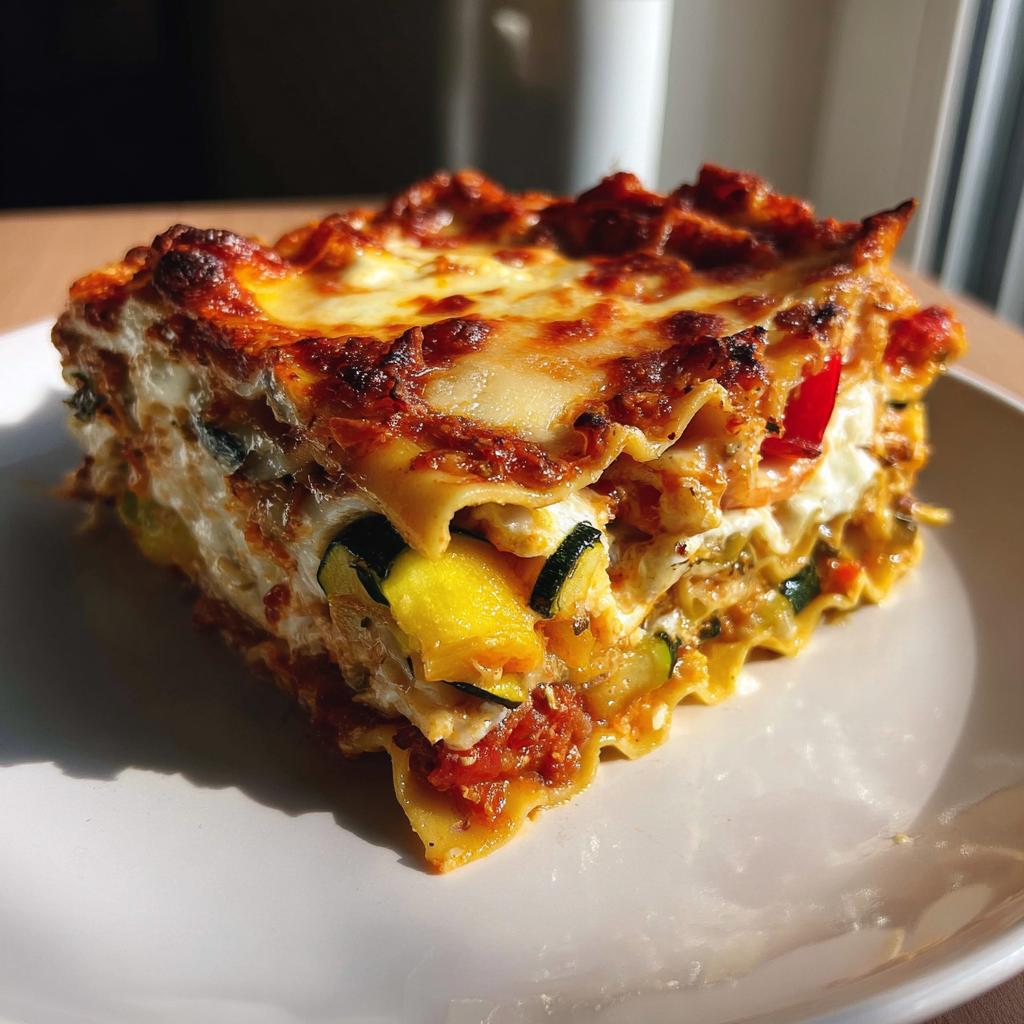 A thick, cheesy slice of Vegetable Lasagna with Roasted Veggies and Ricotta, showing layers of pasta, zucchini, and melted cheese.