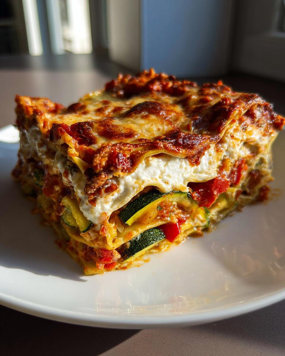 A close-up slice of Vegetable Lasagna with Roasted Veggies and Ricotta showing layers of pasta, cheese, and zucchini.