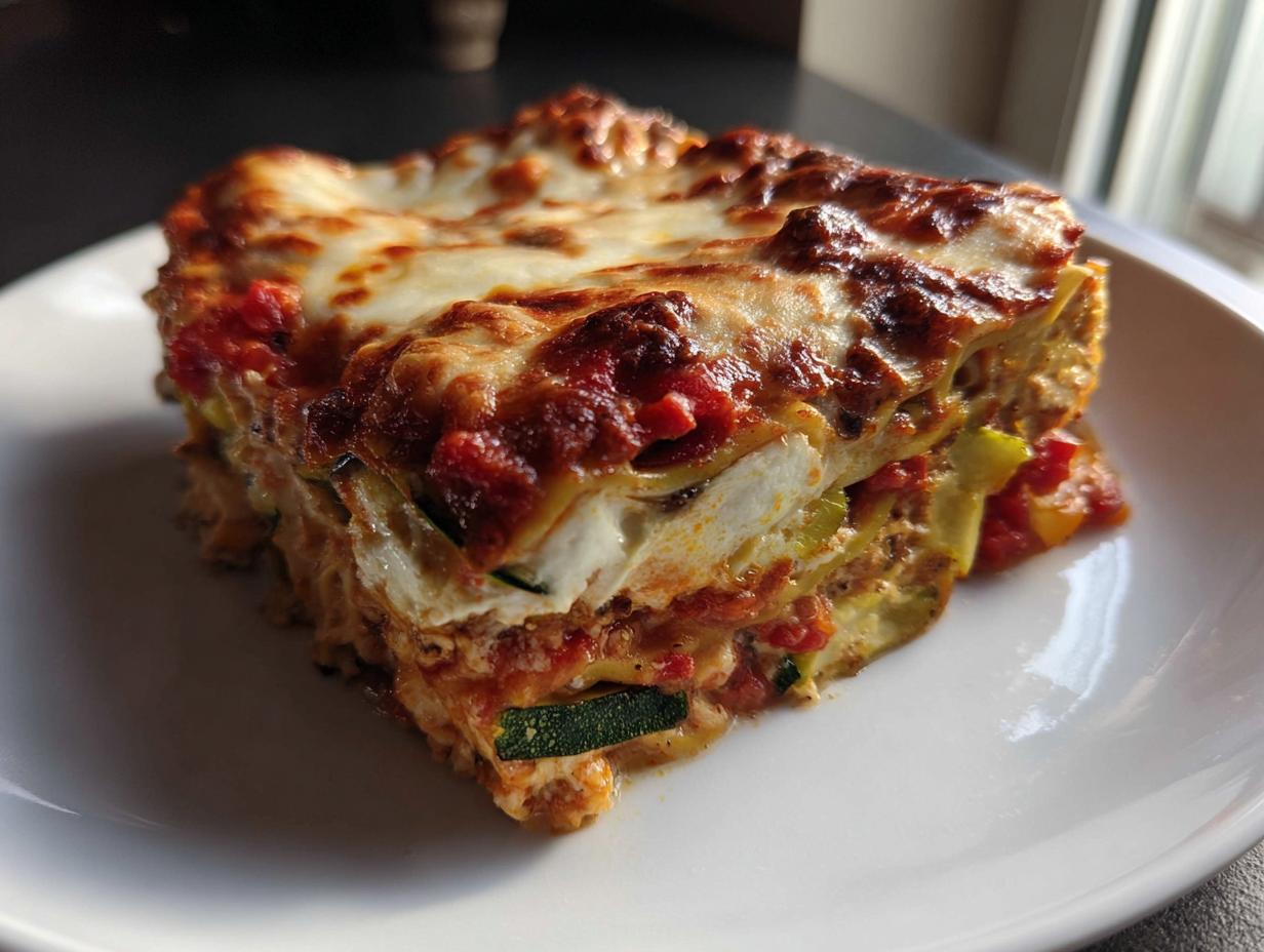 A generous slice of Vegetable Lasagna with Roasted Veggies and Ricotta, featuring browned cheese and visible zucchini layers.