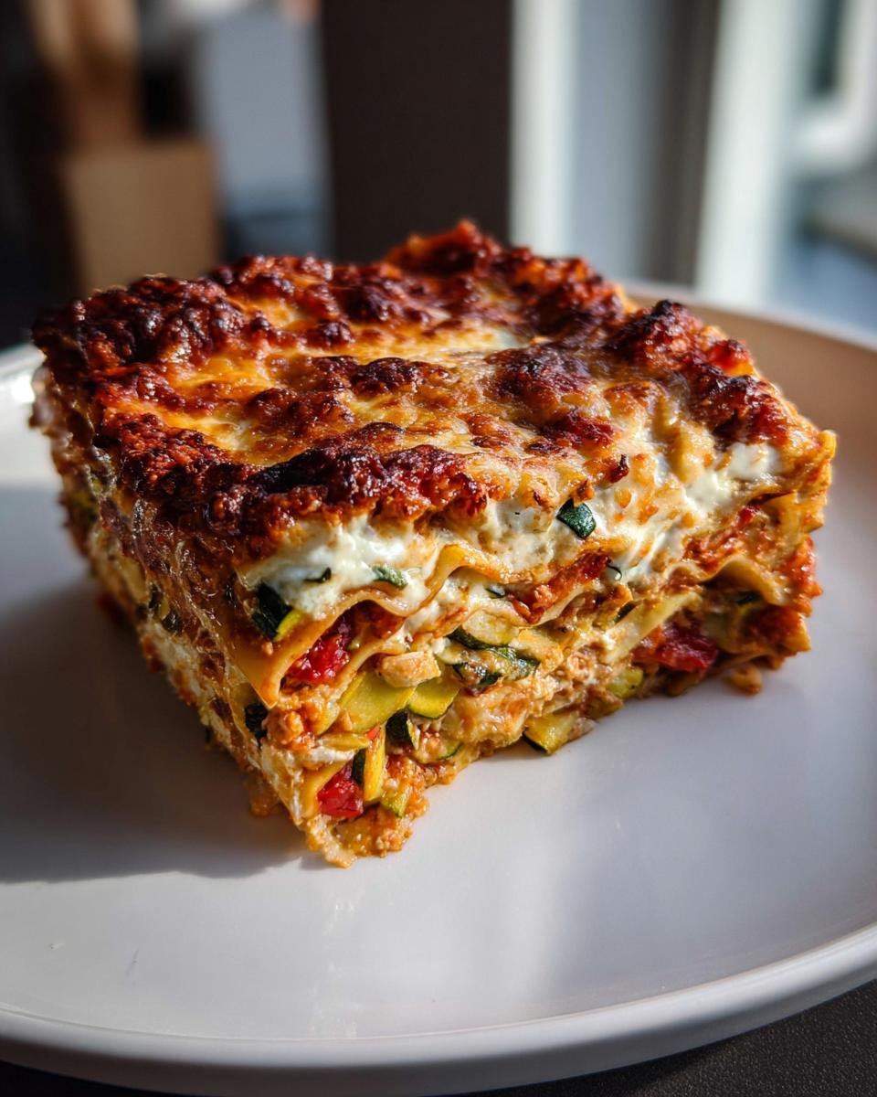 A thick, square slice of Vegetable Lasagna with Roasted Veggies and Ricotta, showing layers of pasta, sauce, and cheese.