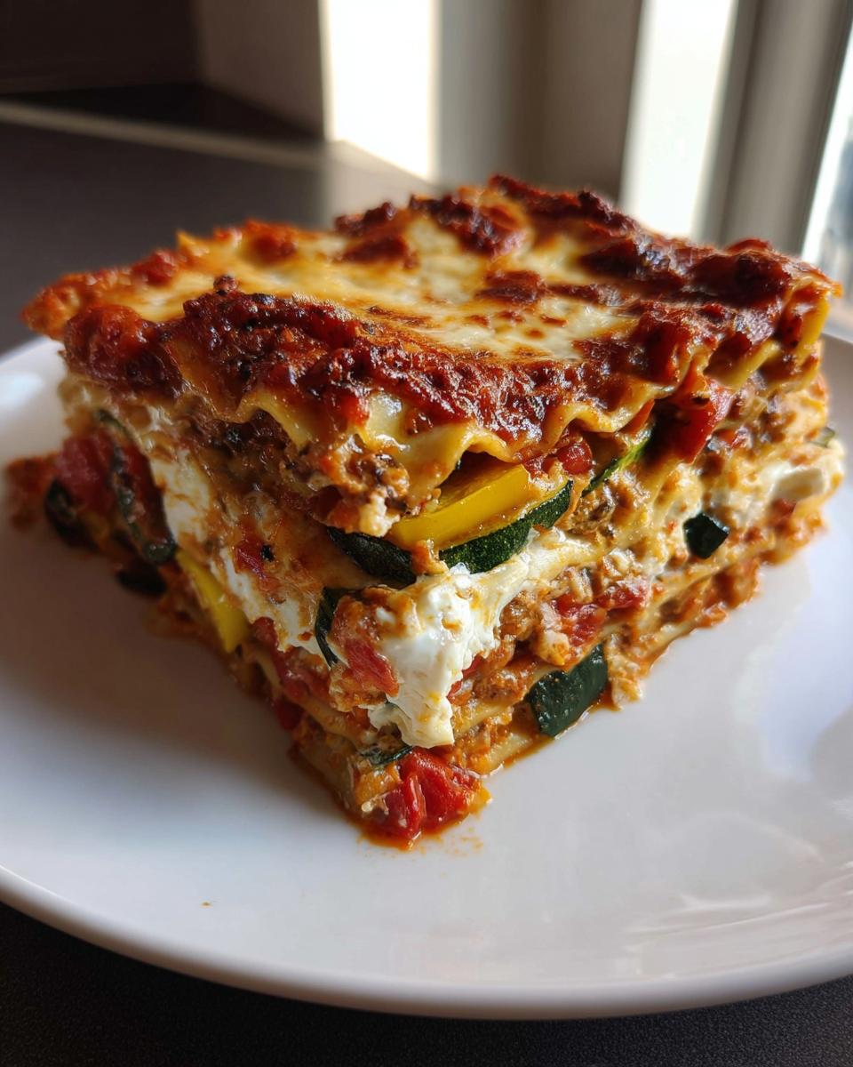 A tall, perfectly layered slice of Vegetable Lasagna with Roasted Veggies and Ricotta on a white plate.