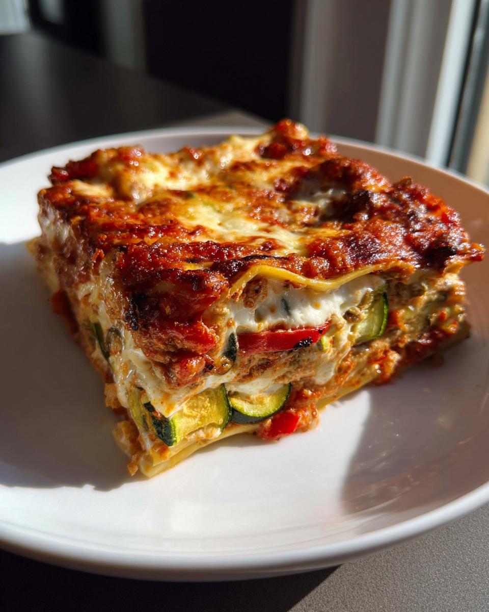 A perfect square slice of Vegetable Lasagna with Roasted Veggies and Ricotta, showing layers of pasta, cheese, and zucchini.