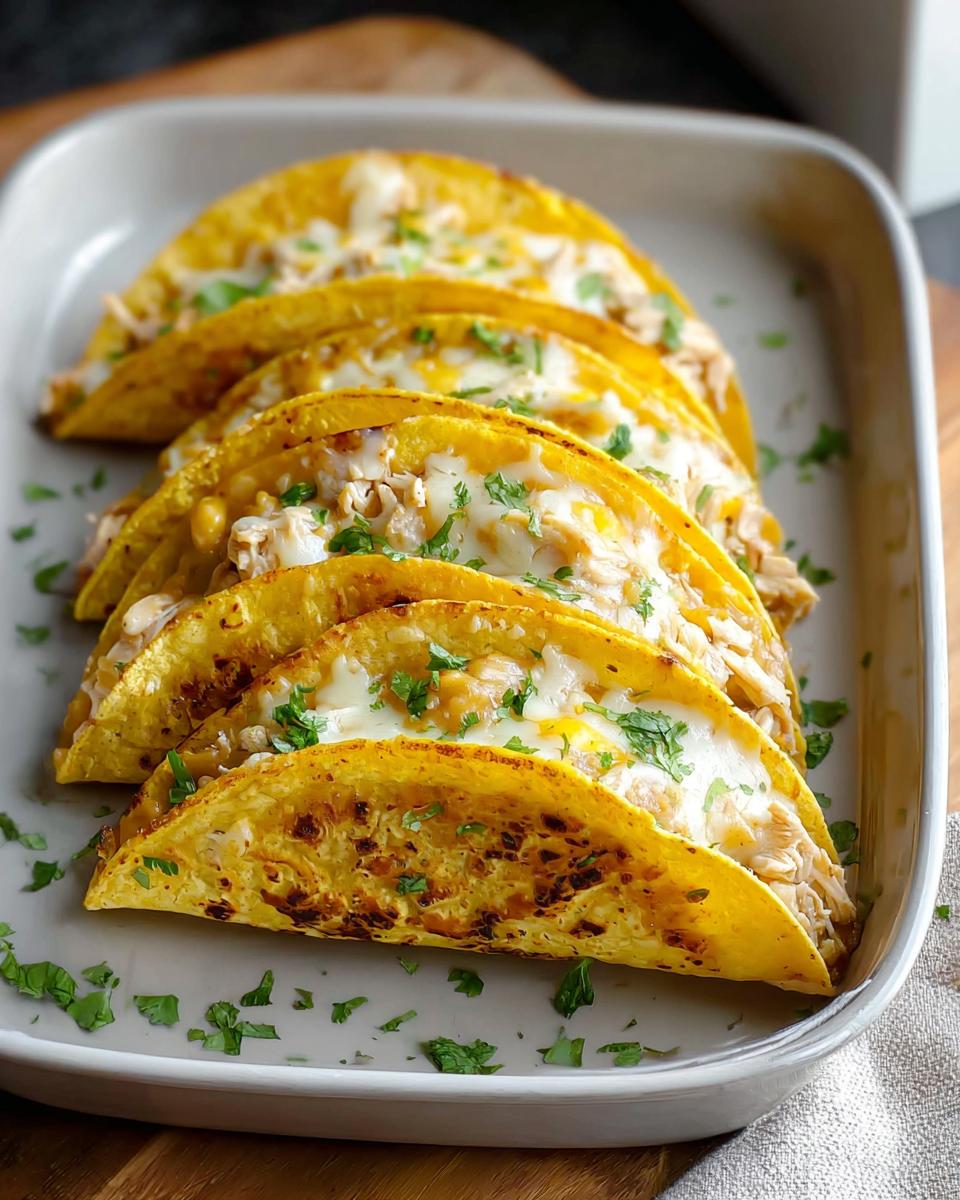 Five crispy, yellow corn tacos filled with white chicken chili, melted cheese, and topped with fresh cilantro.