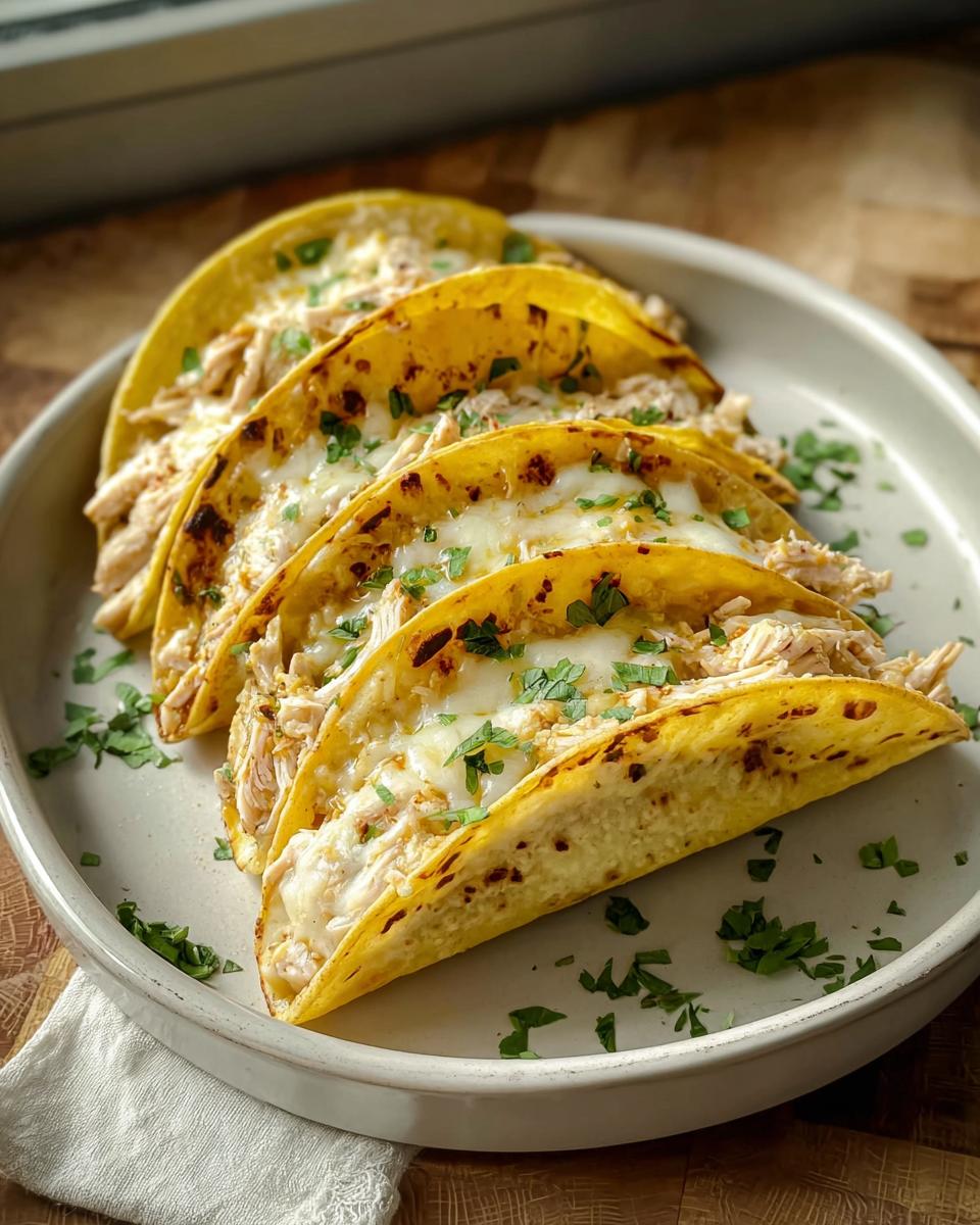 Four crispy tacos filled with shredded chicken and melted white cheese, topped with fresh cilantro, representing White Chicken Chili Tacos.