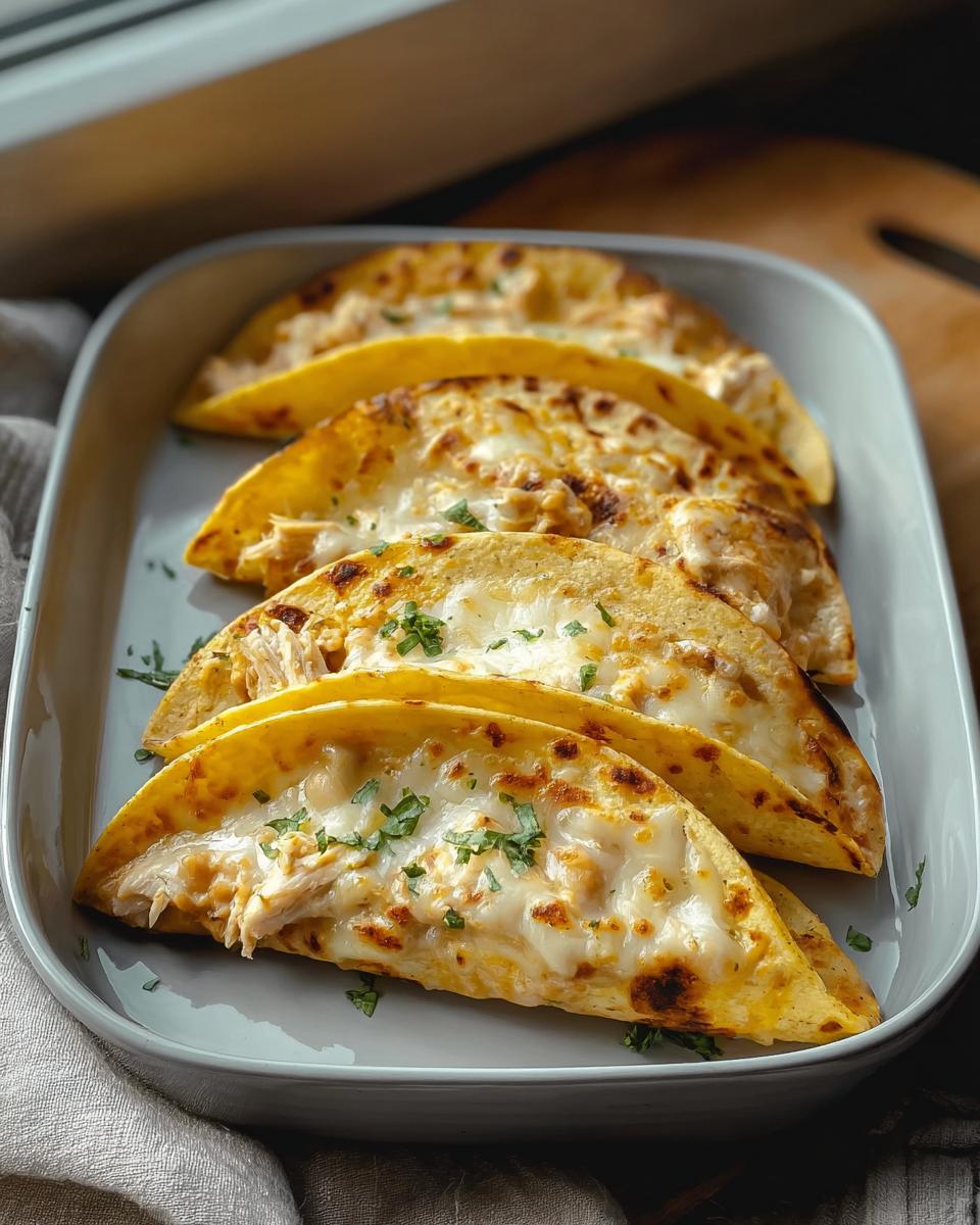 Four baked White Chicken Chili Tacos topped with melted, browned cheese and fresh parsley.