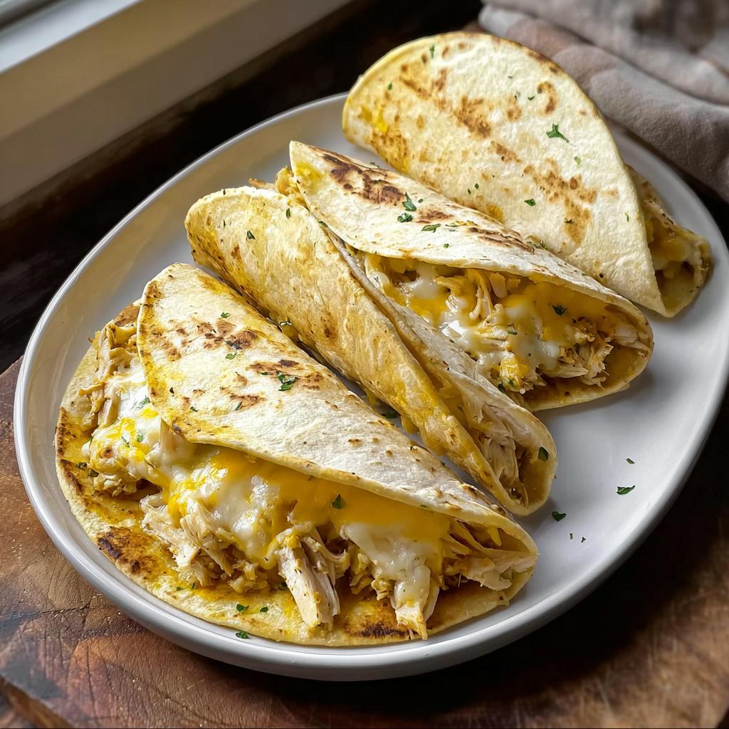 Four cheesy White Chicken Chili Tacos filled with shredded chicken and melted cheese on a white plate.