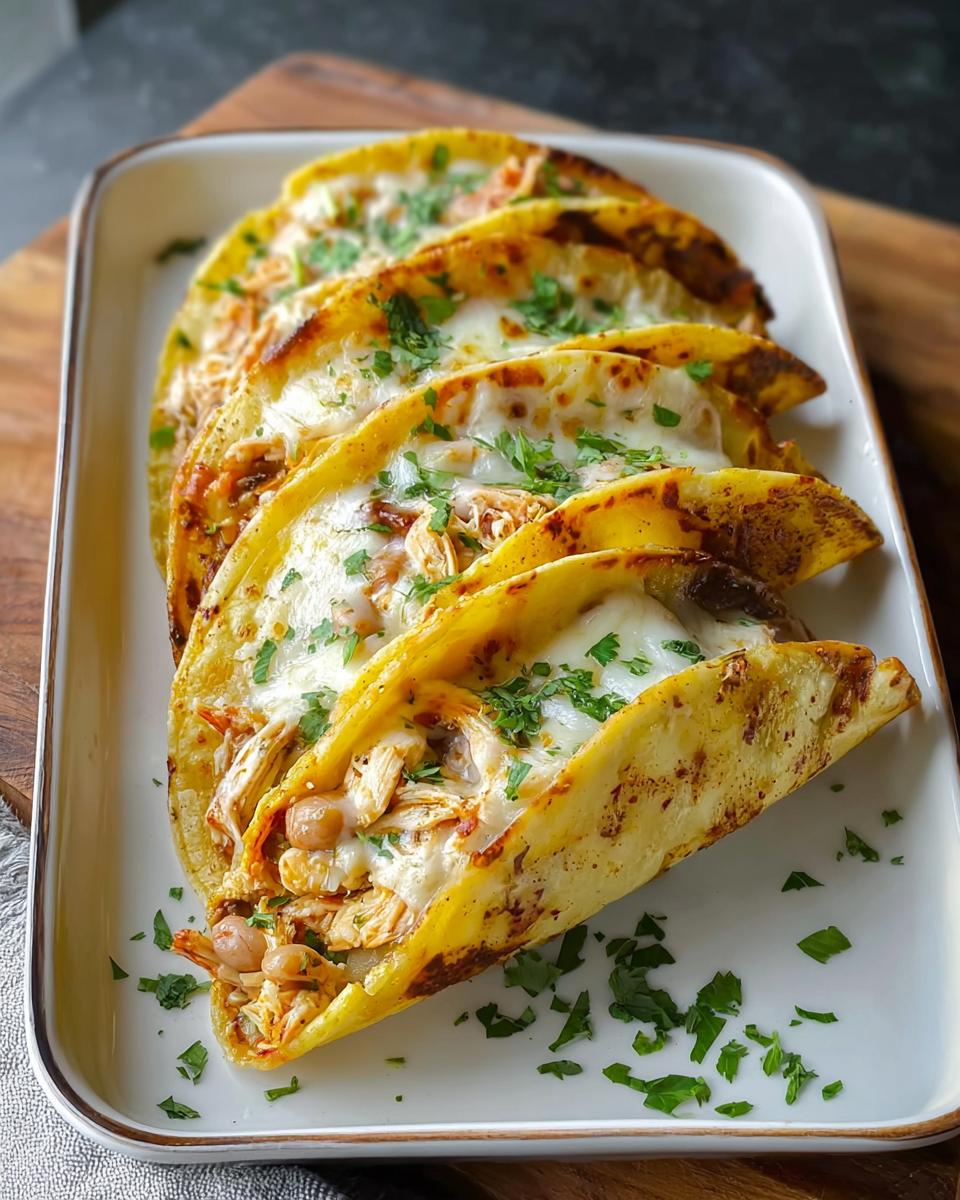 Four baked White Chicken Chili Tacos filled with shredded chicken, beans, and melted white cheese, garnished with parsley.