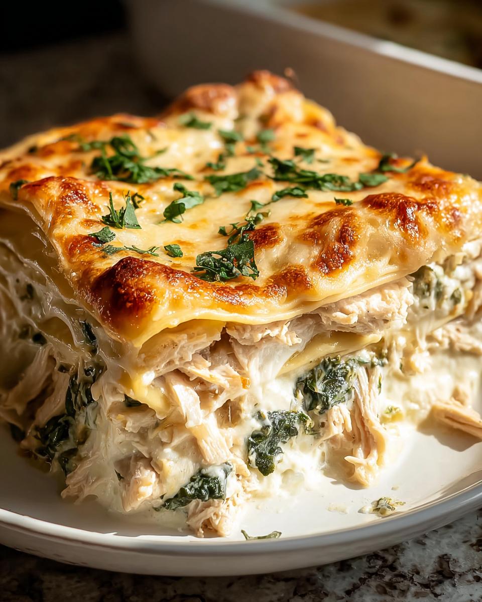 A close-up of a serving of White Chicken Lasagna with Creamy Cheese Layers, showing shredded chicken, spinach, and a browned cheese top.