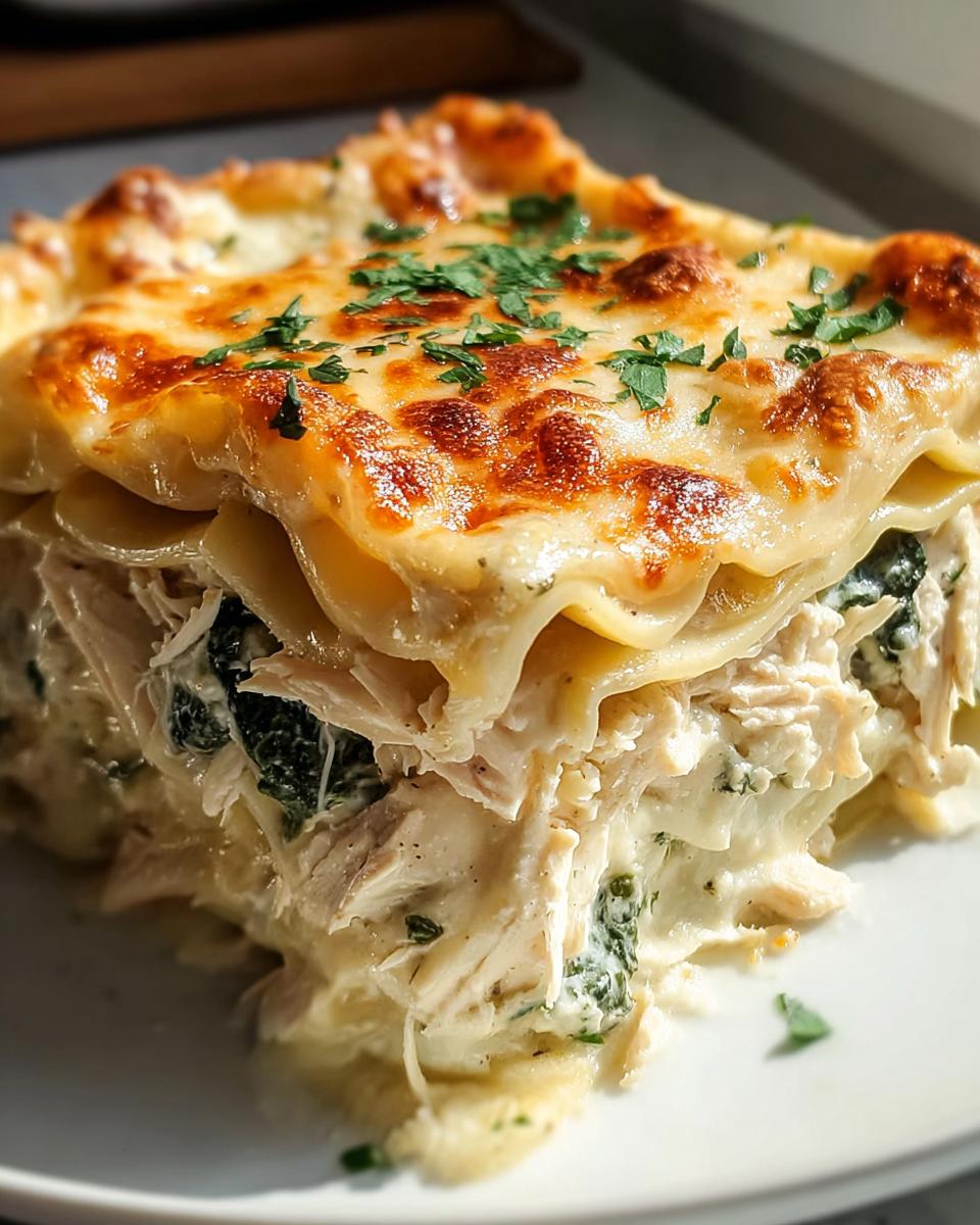 Close-up of a slice of White Chicken Lasagna with Creamy Cheese Layers, showing shredded chicken and spinach.