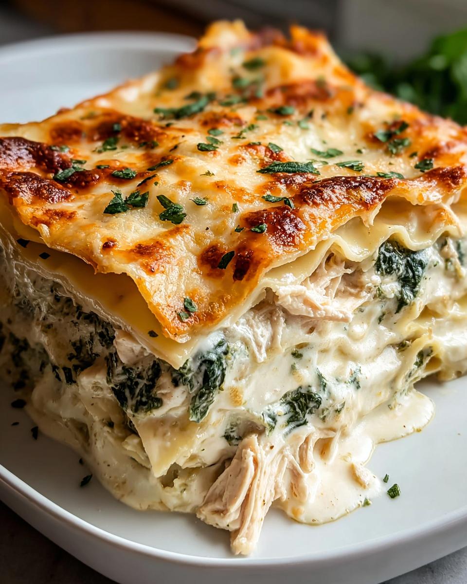 A close-up of a rich slice of White Chicken Lasagna with creamy cheese layers and spinach.