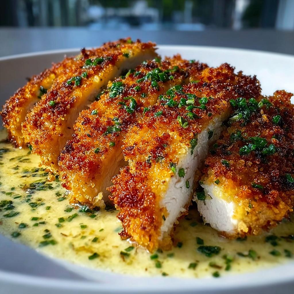 Slices of Zesty Parmesan Chicken with Crispy Edges resting in a light, herbed sauce.