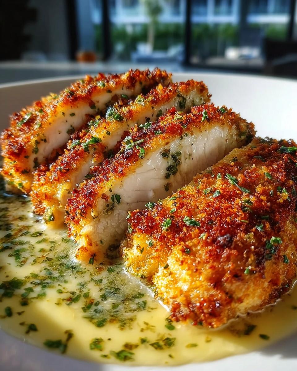 Close-up of Zesty Parmesan Chicken with Crispy Edges, sliced to show juicy interior and served in lemon butter sauce.