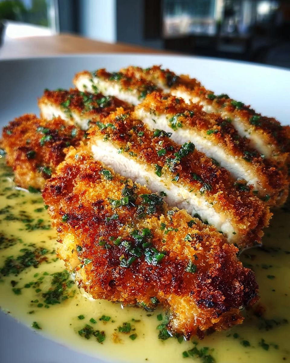 Sliced Zesty Parmesan Chicken with crispy golden edges resting in a light lemon butter sauce.