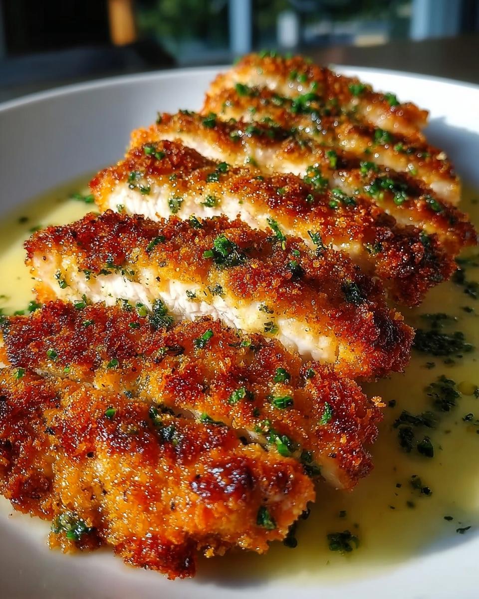 Slices of Zesty Parmesan Chicken with Crispy Edges resting in a lemon butter sauce, garnished with parsley.