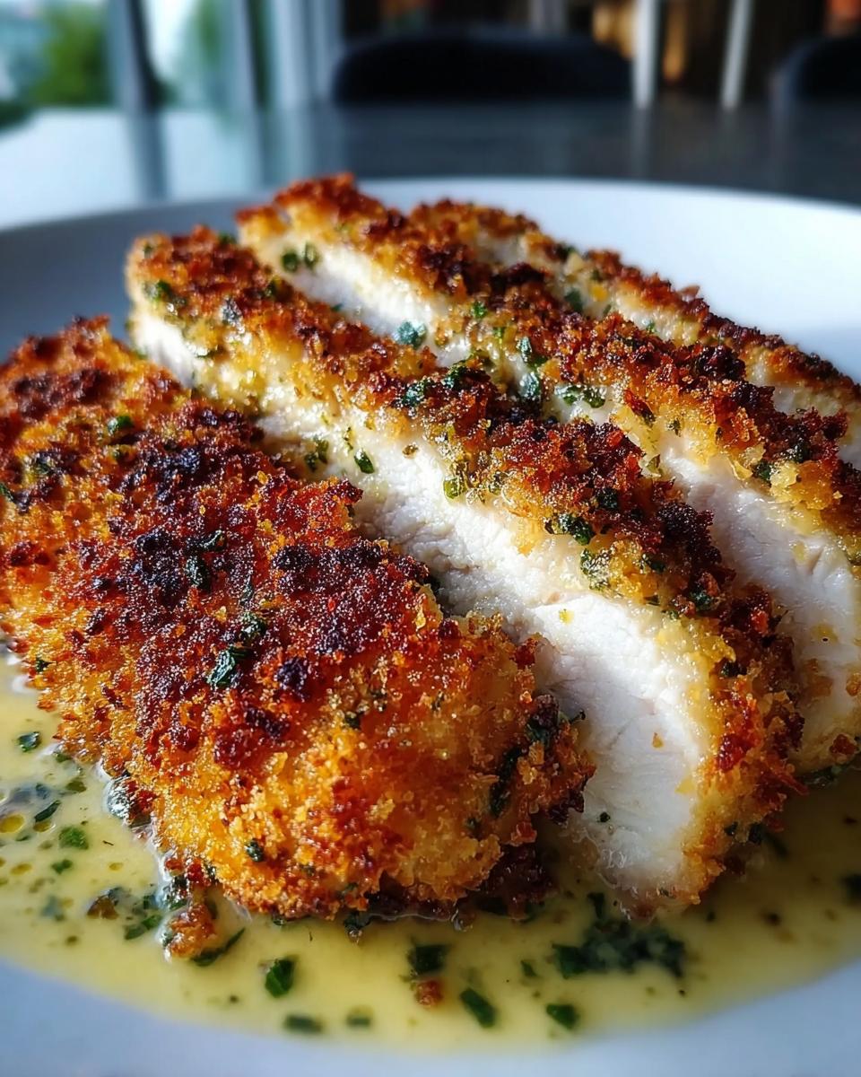 Close-up of sliced Zesty Parmesan Chicken showing crispy golden crust and juicy white interior in lemon butter sauce.