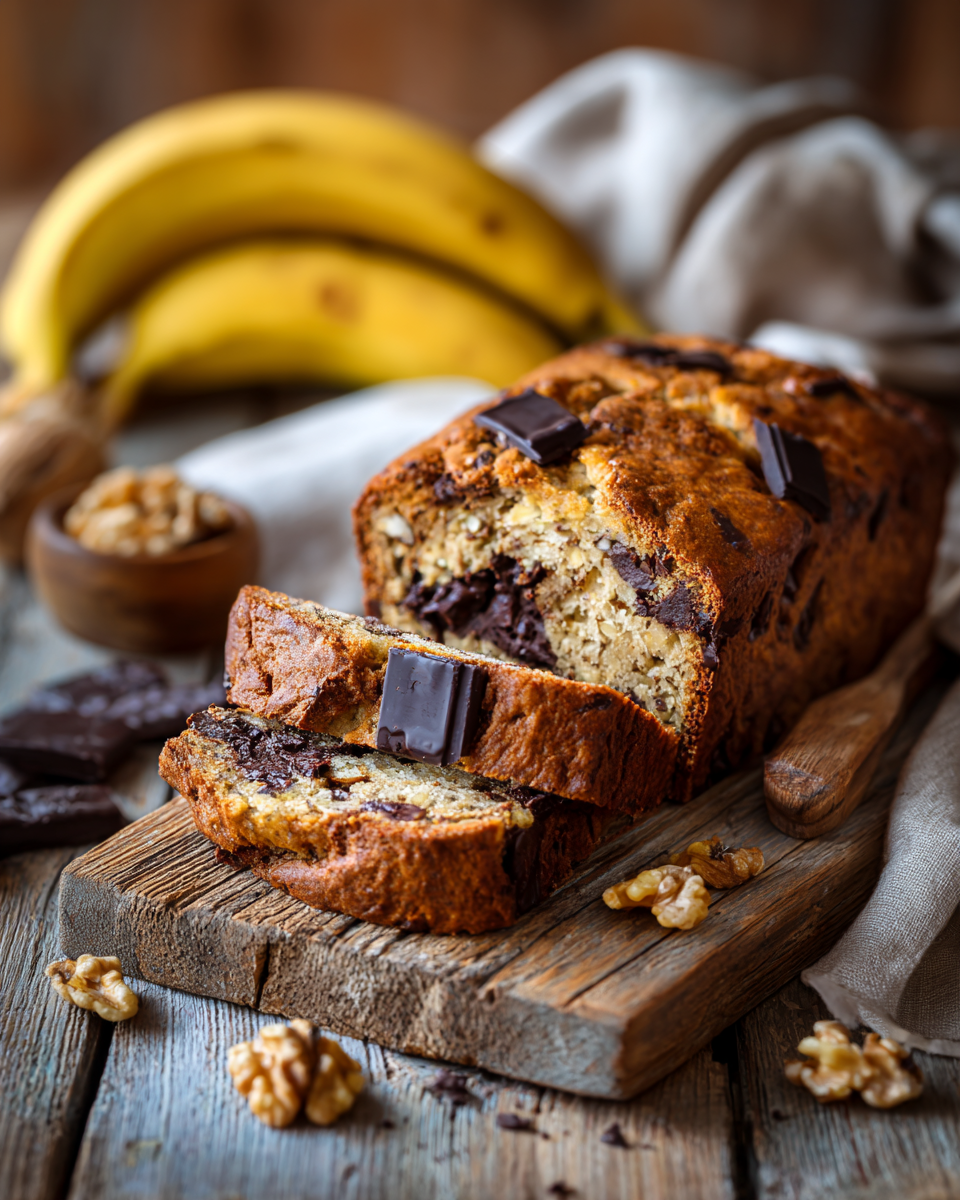 Saftiges Bananenbrot mit Schokolade und Nüssen auf rustikalem Brett
