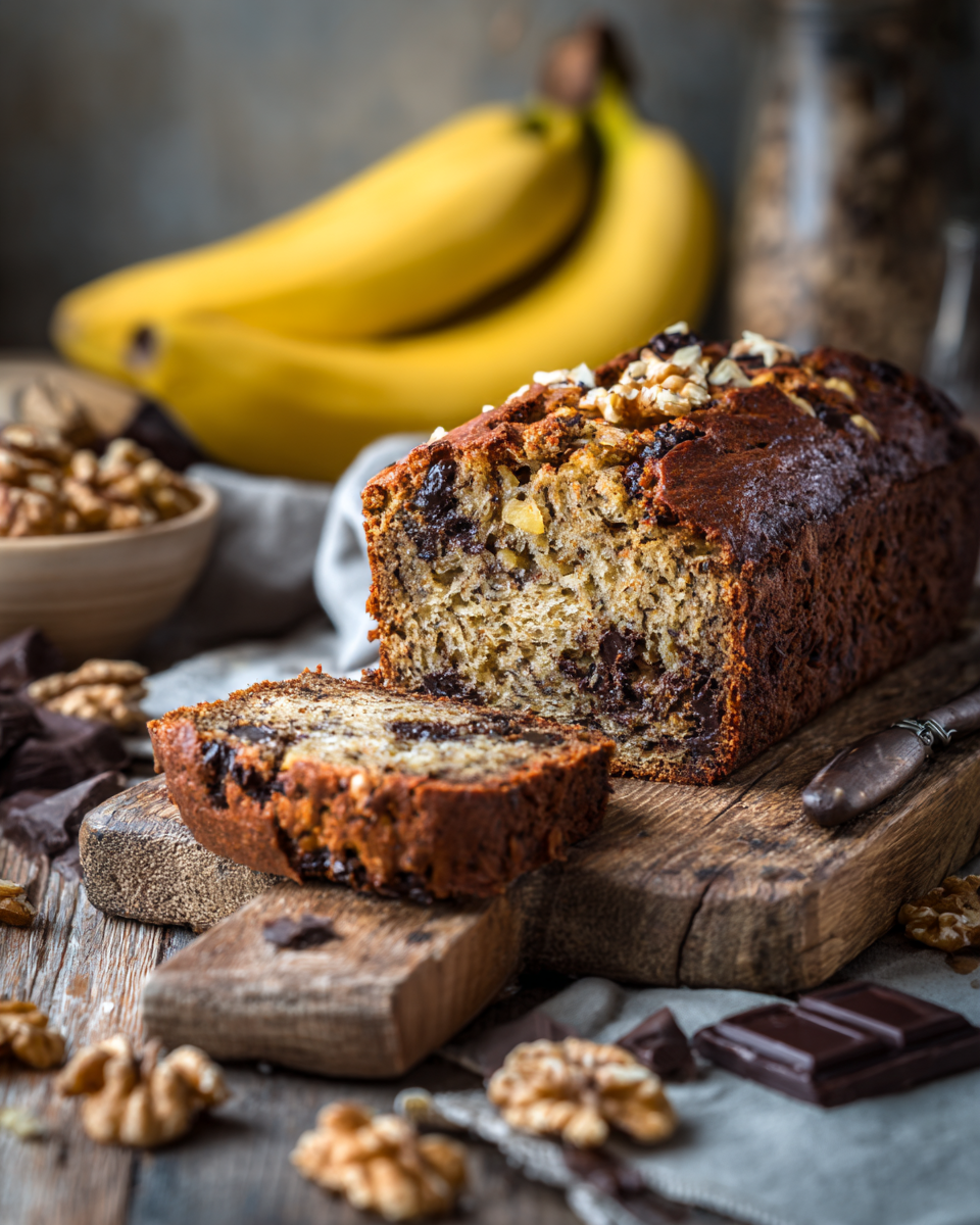 Bananenbrot mit Schokolade und Nüssen als Snack zum Kaffee angerichtet